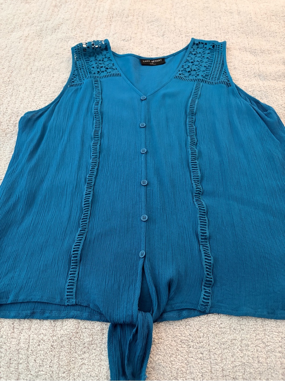 Lane Bryant Teal Sleeveless Crochet Lace Button Front Tie Hem Top Size 16 NWOT